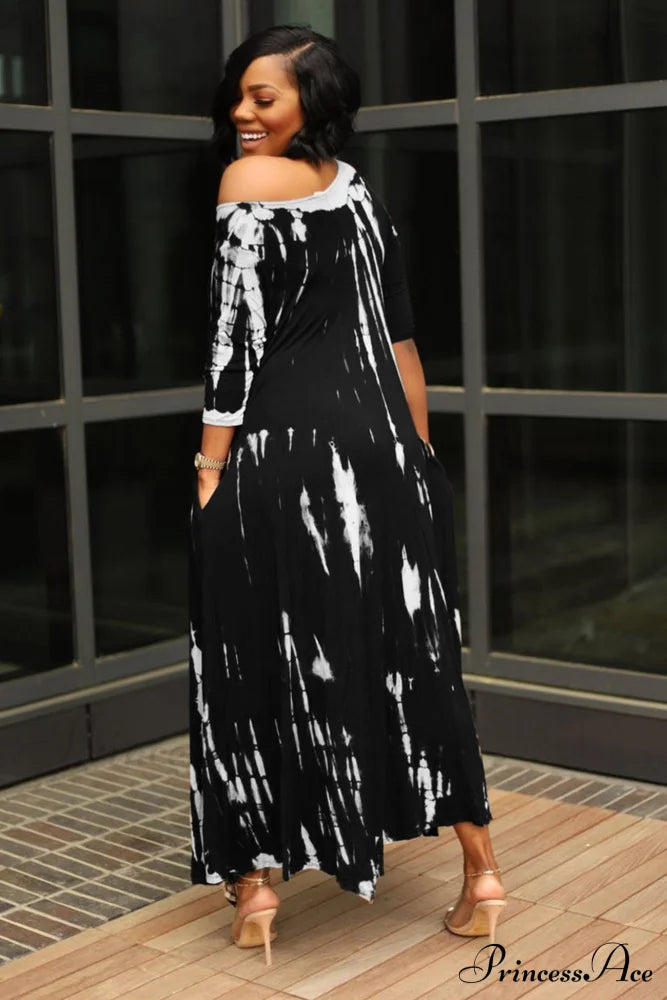 Tie-Dyed Drop Shoulder Dress Black / 2Xl Midi Dresses