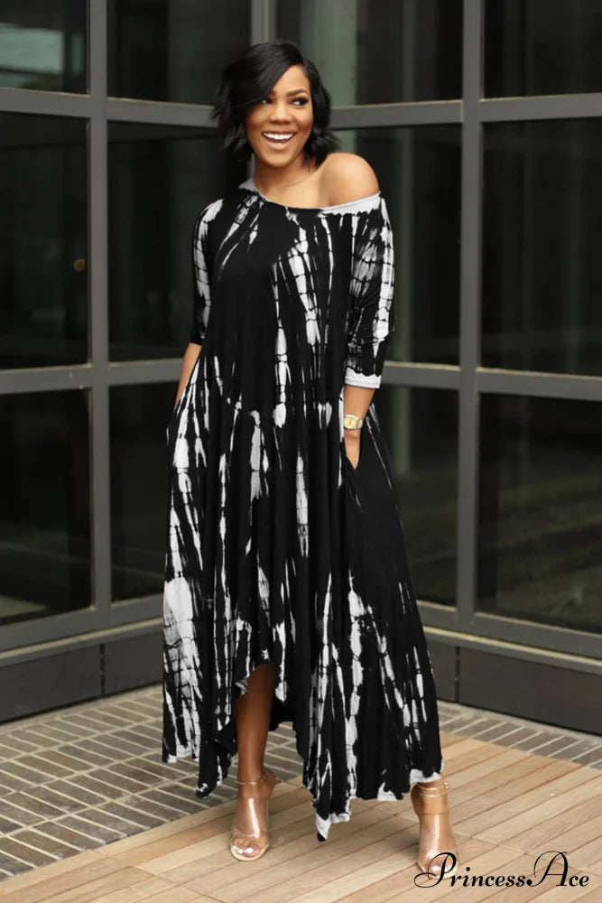 Tie-Dyed Drop Shoulder Dress Black / S Midi Dresses