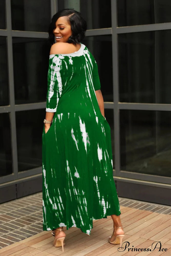 Tie-Dyed Drop Shoulder Dress Green / 2Xl Midi Dresses