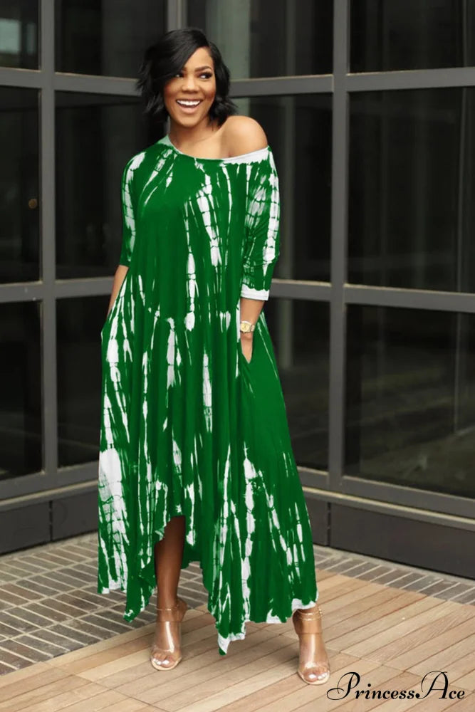 Tie-Dyed Drop Shoulder Dress Green / S Midi Dresses