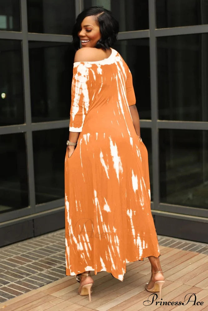 Tie-Dyed Drop Shoulder Dress Orange / 2Xl Midi Dresses