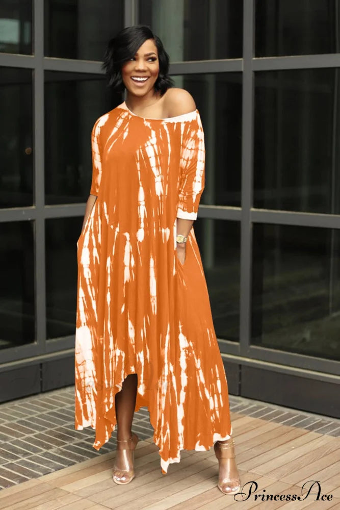 Tie-Dyed Drop Shoulder Dress Orange / S Midi Dresses