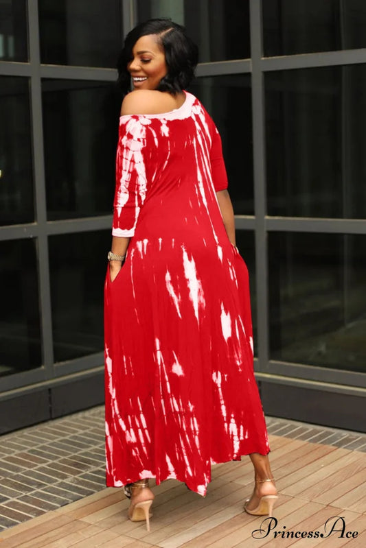 Tie-Dyed Drop Shoulder Dress Red / 2Xl Midi Dresses