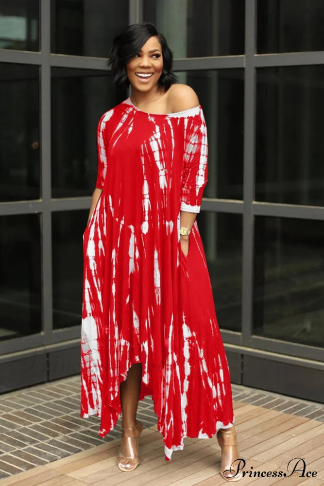 Tie-Dyed Drop Shoulder Dress Red / S Midi Dresses