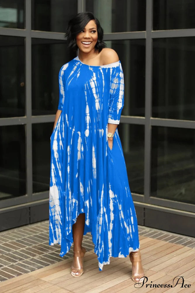 Tie-Dyed Drop Shoulder Dress Sky Blue / S Midi Dresses