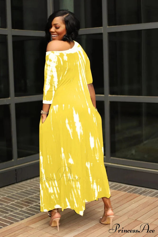 Tie-Dyed Drop Shoulder Dress Yellow / 2Xl Midi Dresses