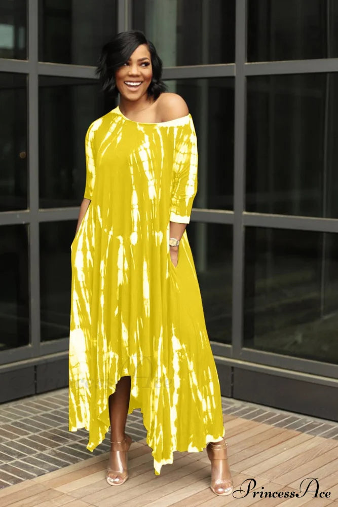 Tie-Dyed Drop Shoulder Dress Yellow / S Midi Dresses