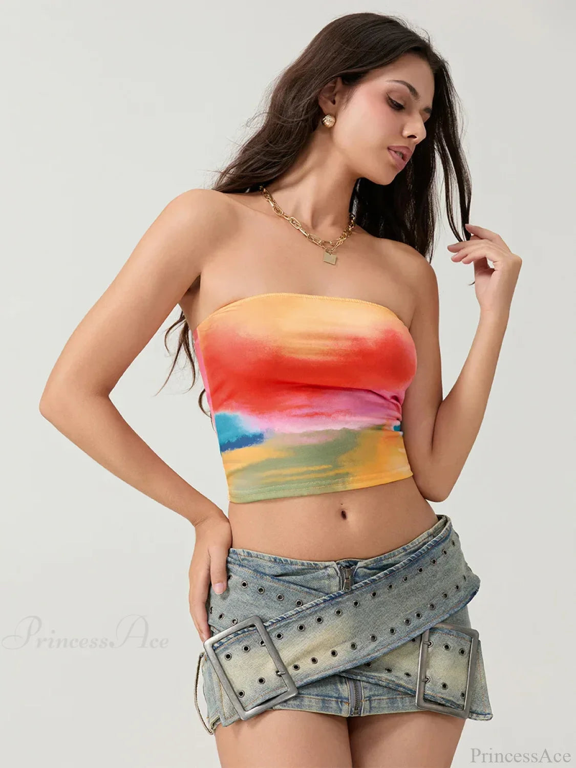 Tie-dyed Wrap Strapless Sleeveless Off-shoulder Tube Top croptop-250126