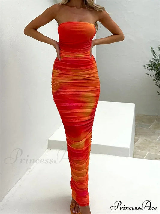 Tie Dyeing Print Strapless Tube For Women Sexy Off Shoulder Party Slim Ruched Female Vestidos