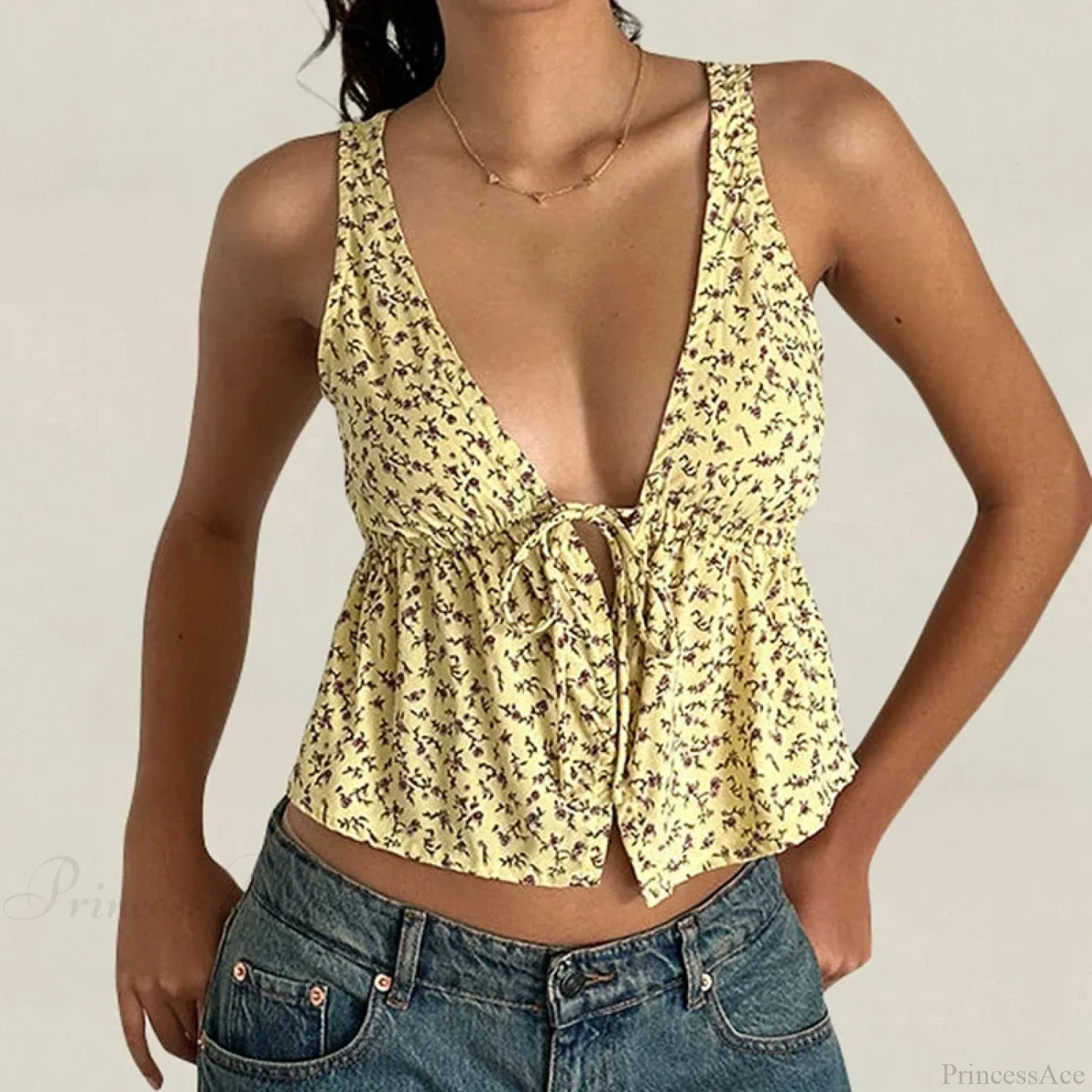 Tie Front Underbust Drawcord Floral Print V Neck Sleeveless Fairy Backless Crop Top croptop-250126