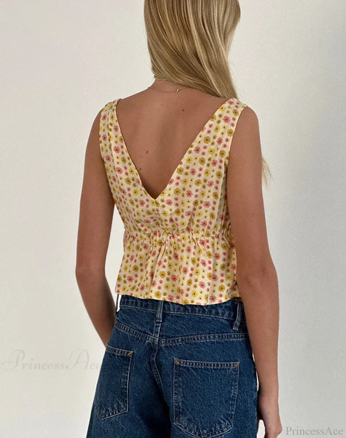 Tie Front Underbust Drawcord Floral Print V Neck Sleeveless Fairy Backless Crop Top croptop-250126