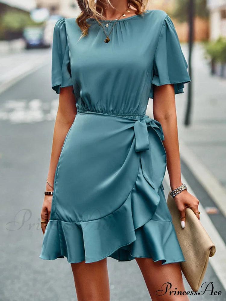 Tie Gown Color Solid Ruffle Waist For Women