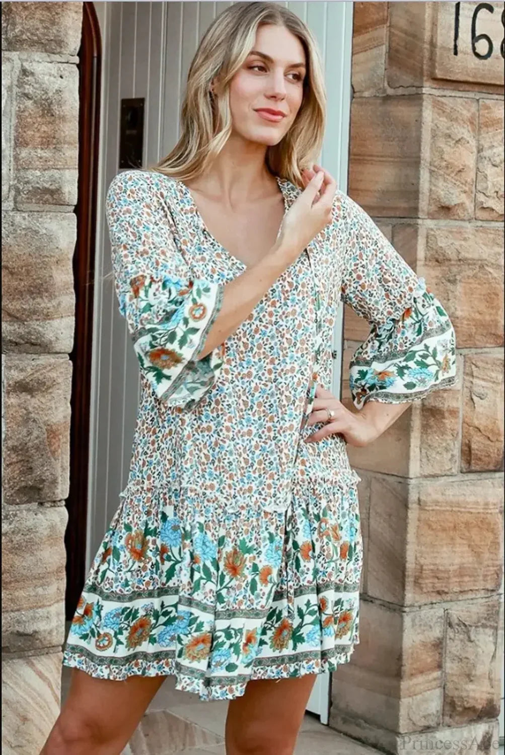 Tie Neck Ruffles Floral Print Rayon Summer Mini Vacation Boho Dress bohodress-250126