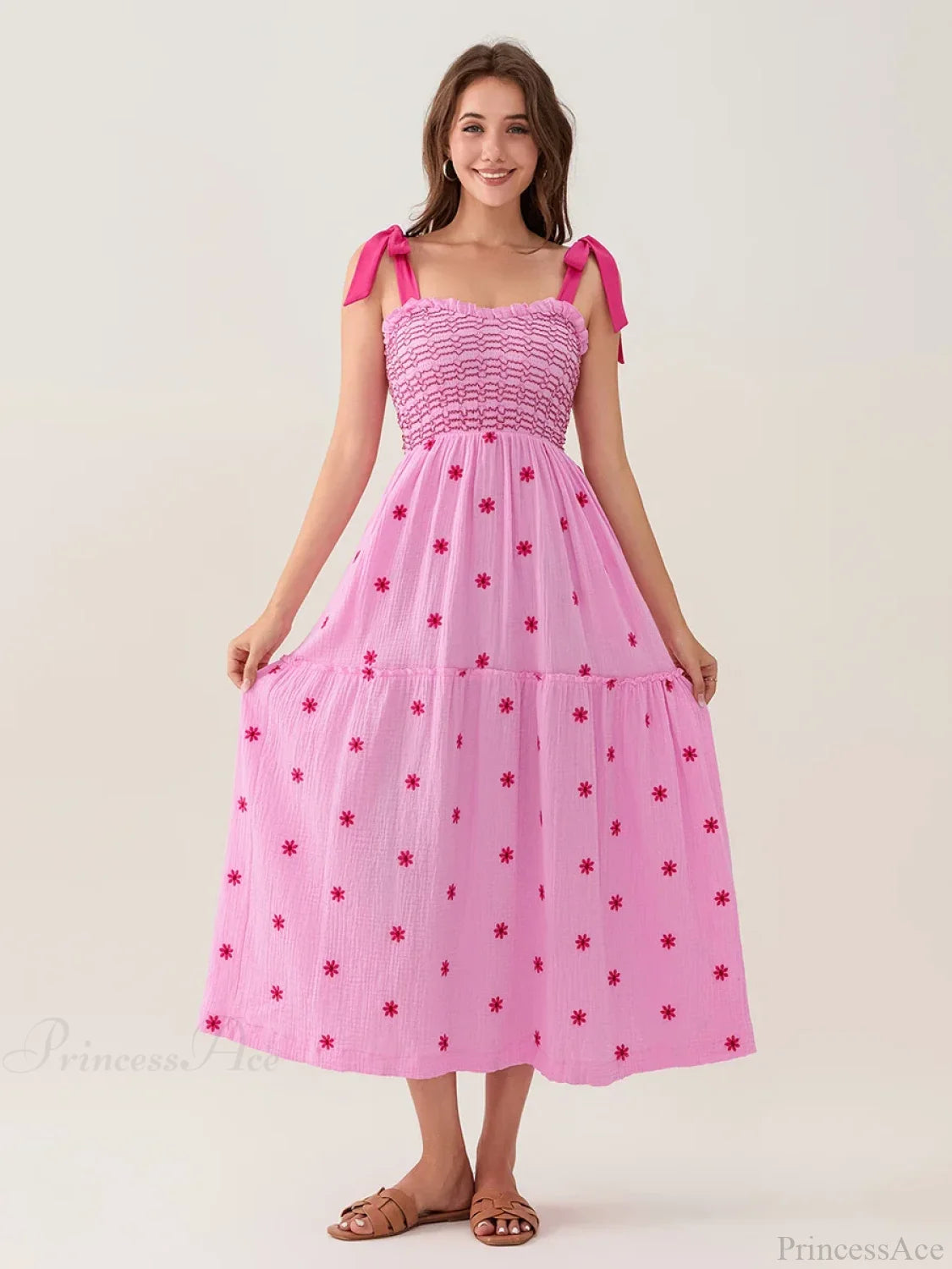 Tie-Shoulder Flowers Tank Tiered Ruffle Sweetheart Floral Dress Pink / S floraldress-250126