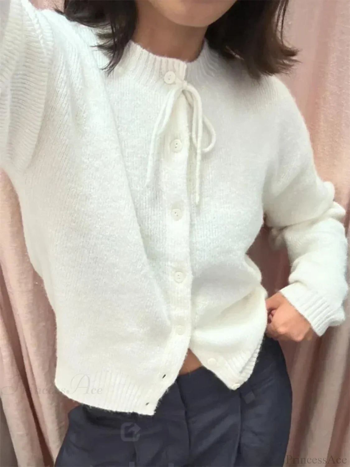 Tie-up Button Solid Knit Cardigan WHITE / S