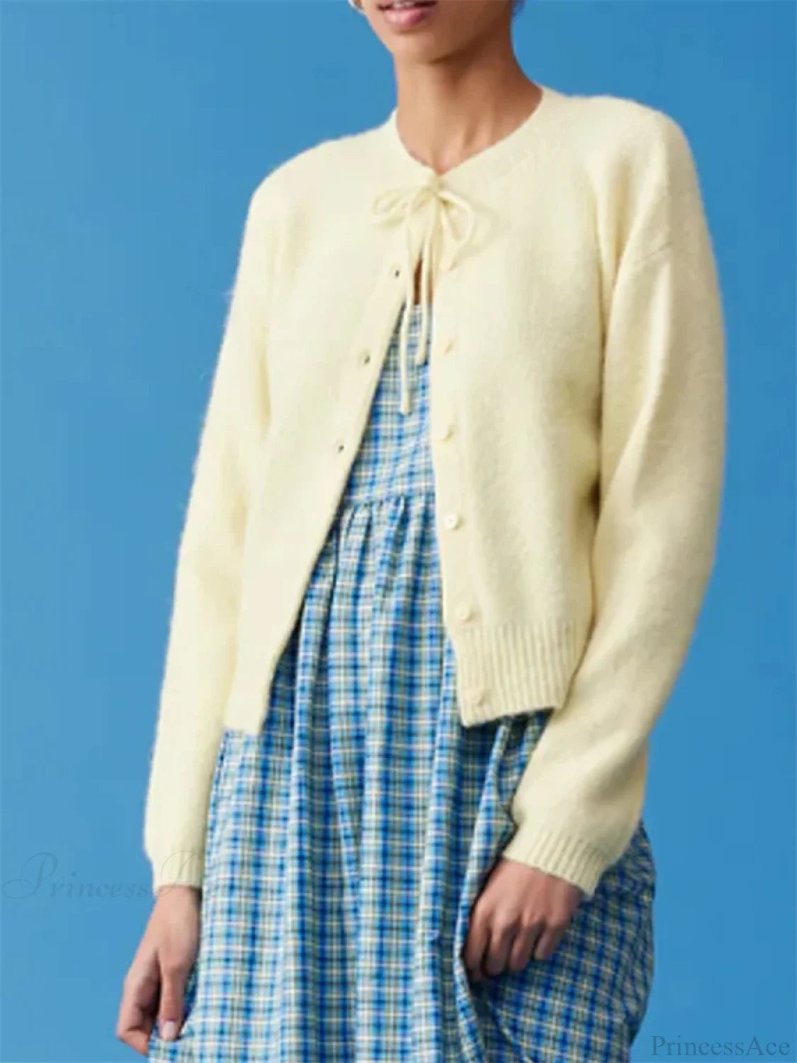 Tie-up Button Solid Knit Cardigan Yellow / S