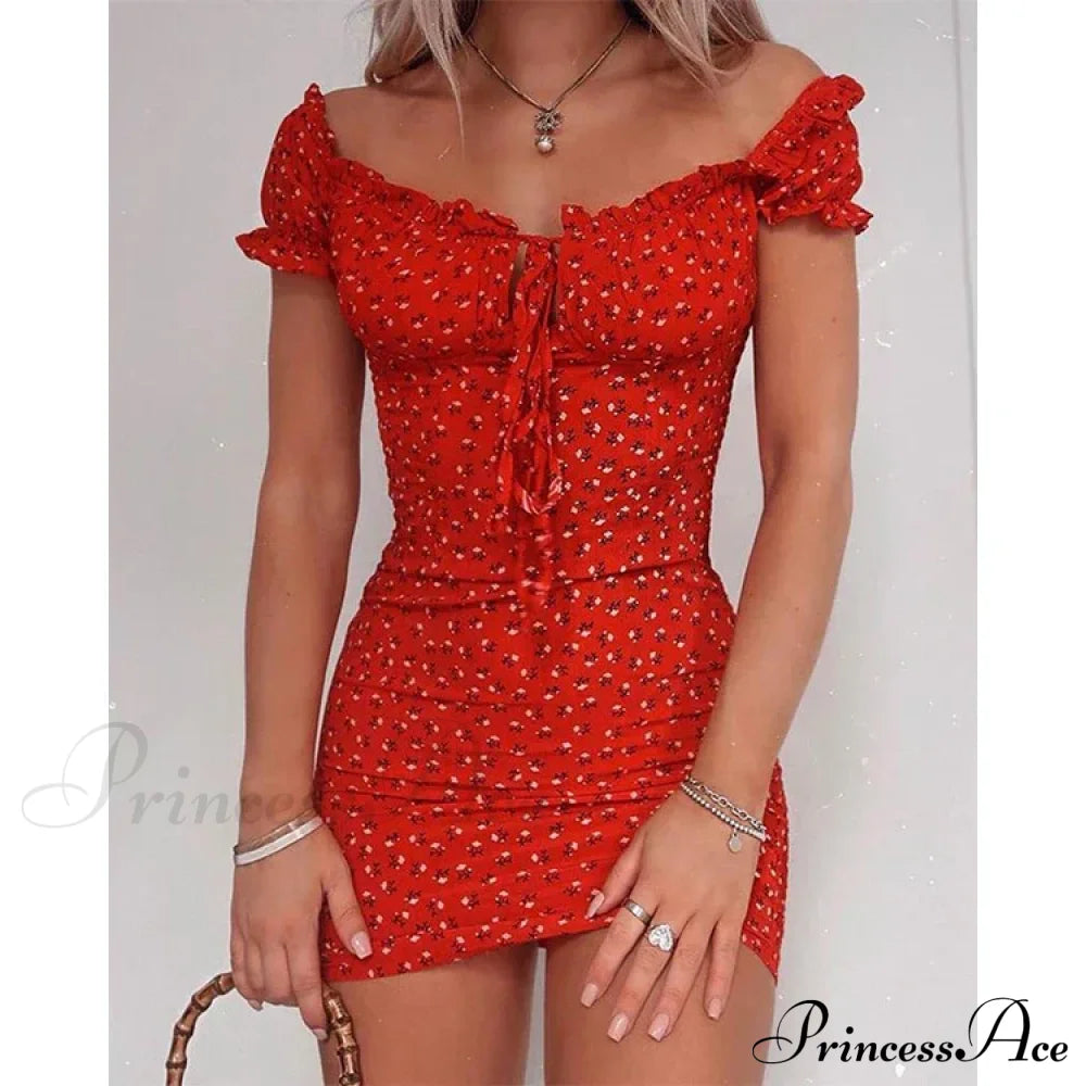 Tie Up Front Office Lady Slash Neck Printed Pencil Mini Dress Red / S