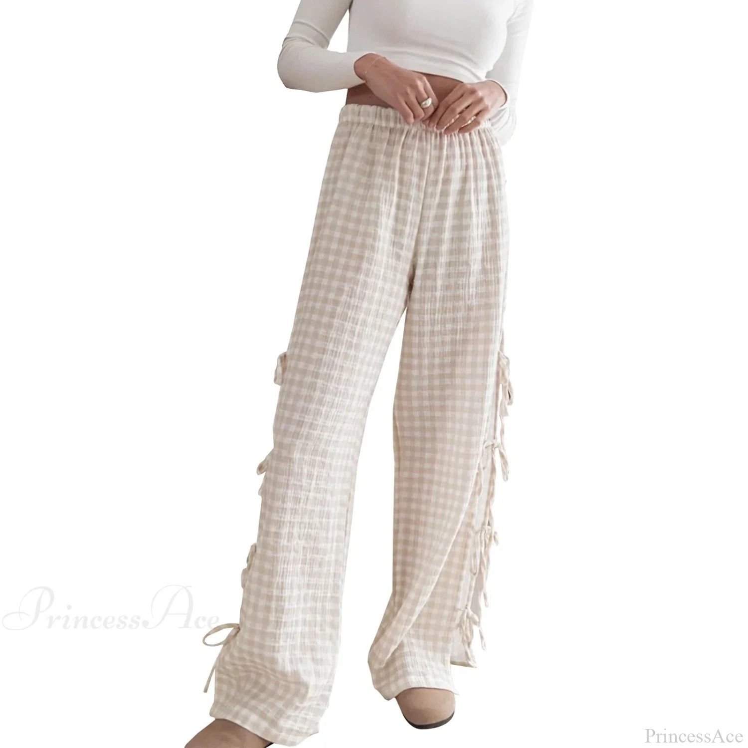 Tie-Up Plaid Stripe Loose Polyester Wide Leg Pant Khaki / S pant-250223