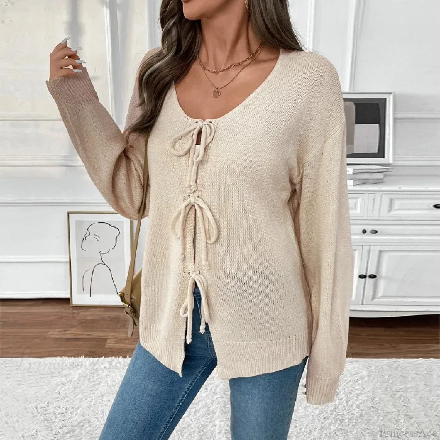 Tie-Up Round Neck Solid Sweater Coat Cardigan cardiagn-250126