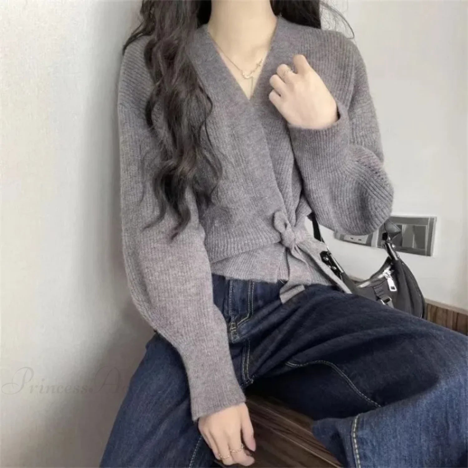 Tie-Up Waist Slimming Knit Cardigan GRAY / One Size