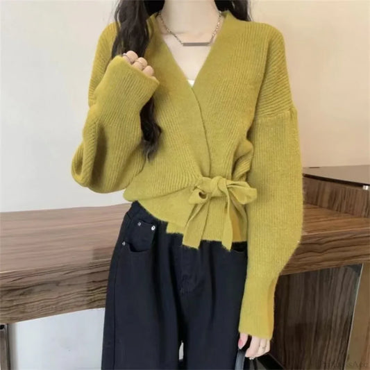 Tie-Up Waist Slimming Knit Cardigan Green / One Size