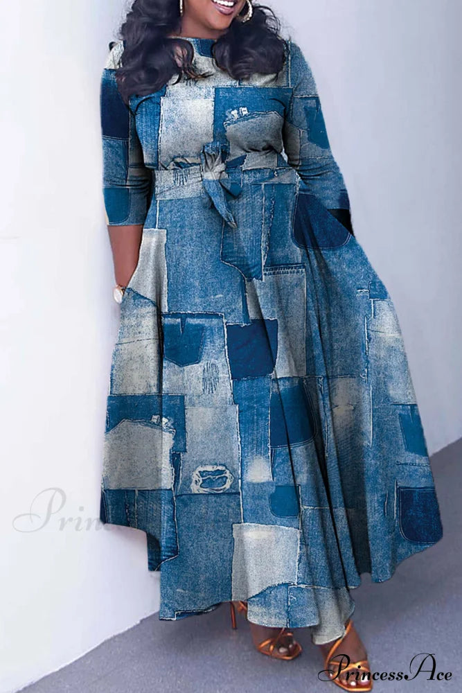 Tie-Waist Dress With Print Denim / L Maxi Dresses