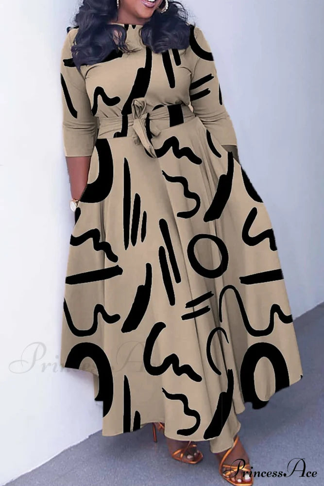 Tie-Waist Dress With Print Khaki Letter / L Maxi Dresses