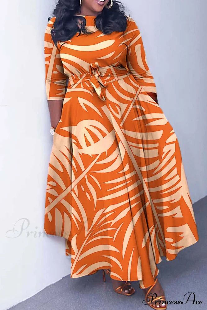 Tie-Waist Dress With Print Orange Leaf / L Maxi Dresses