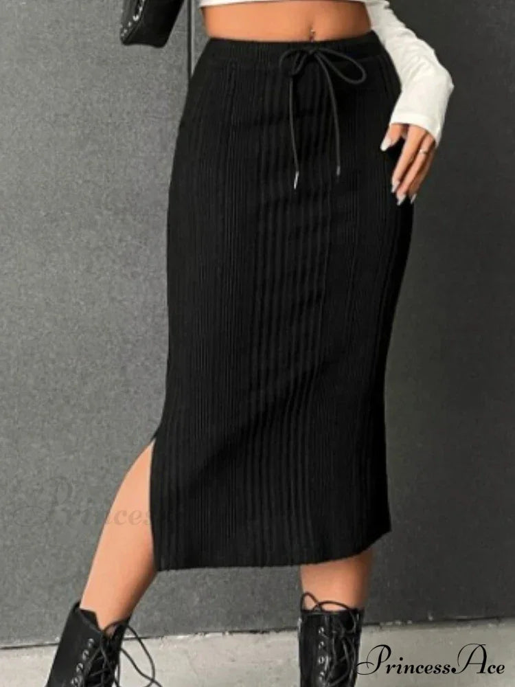 Tie Waist High-Waisted Drawstring Slit Knitted Solid Trendy Comfortable Skirt