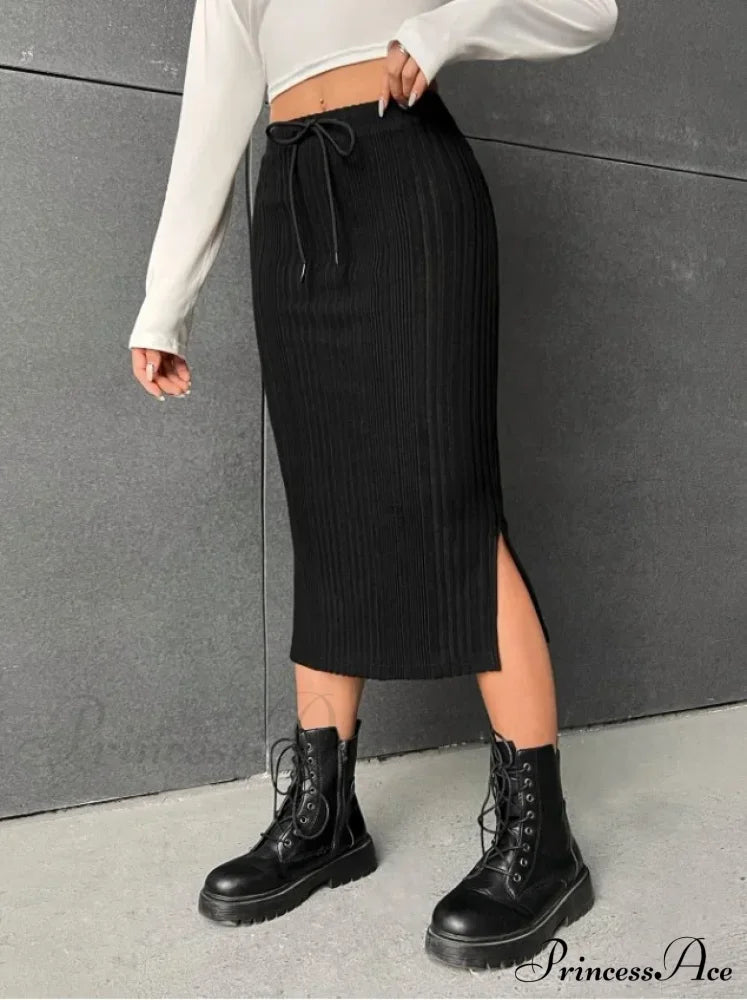 Tie Waist High-Waisted Drawstring Slit Knitted Solid Trendy Comfortable Skirt Black / S