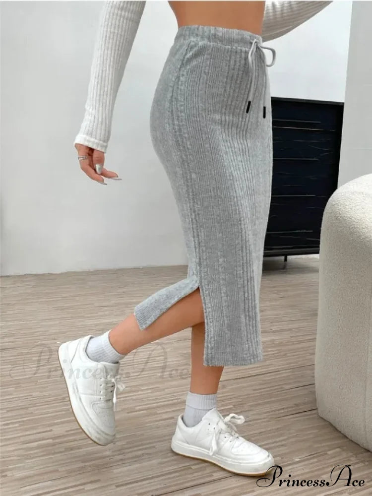 Tie Waist High-Waisted Drawstring Slit Knitted Solid Trendy Comfortable Skirt Light Grey / S