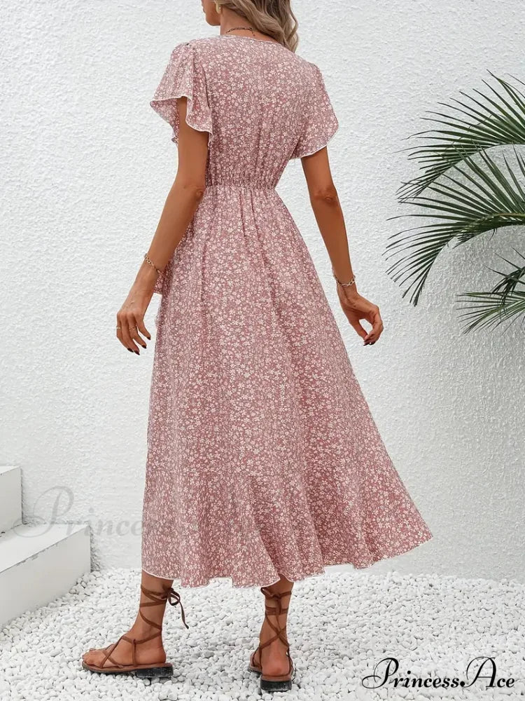 Tied Flowered Gown Flutter Surplice Design With Neck Sleeves L / Pink Pink Floral Maxi Dress