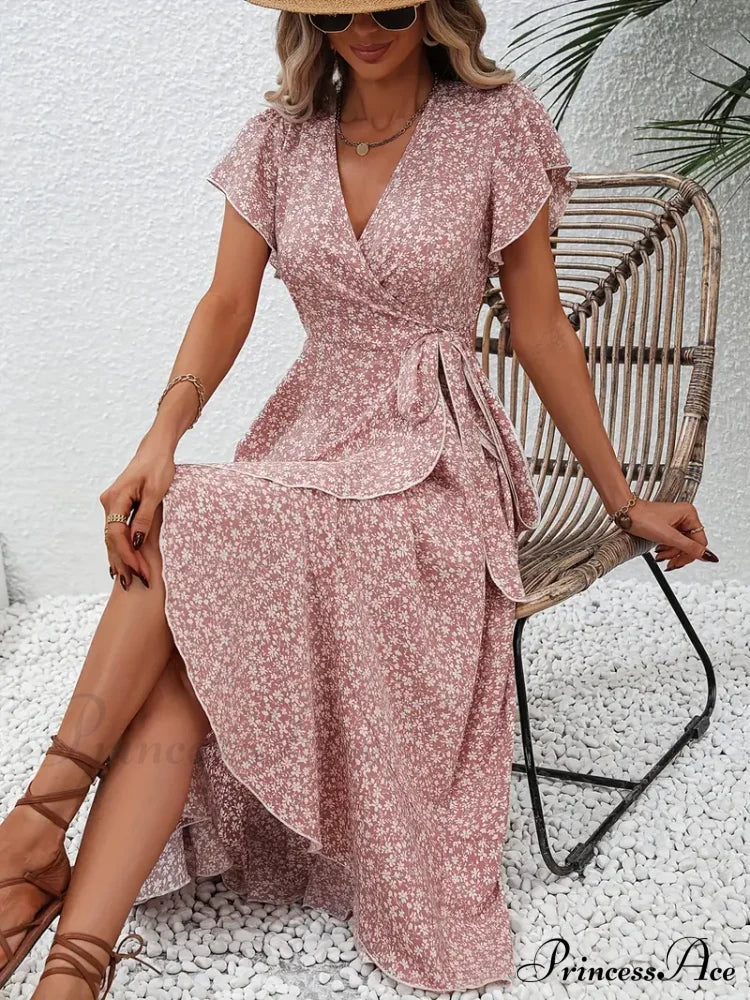 Tied Flowered Gown Flutter Surplice Design With Neck Sleeves M / Pink Pink Floral Maxi Dress