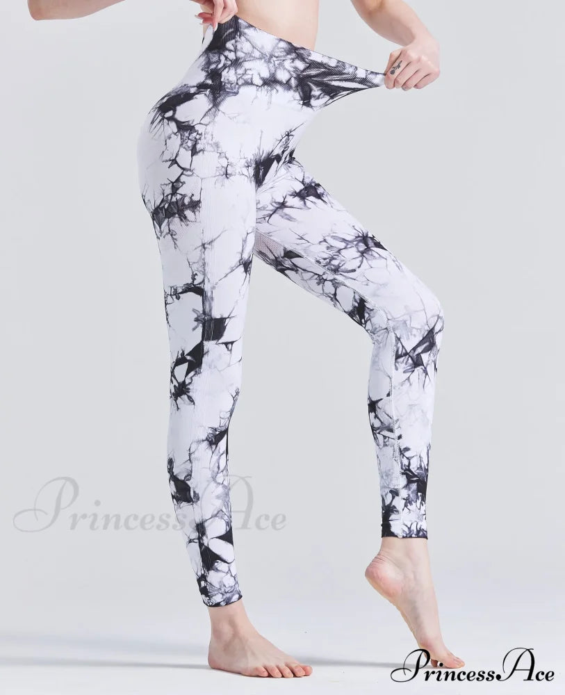 Tiedye Seamless Push Up Booty Pants Scrunch Sports Fitness High Waist Workout Yoga Leggings White /