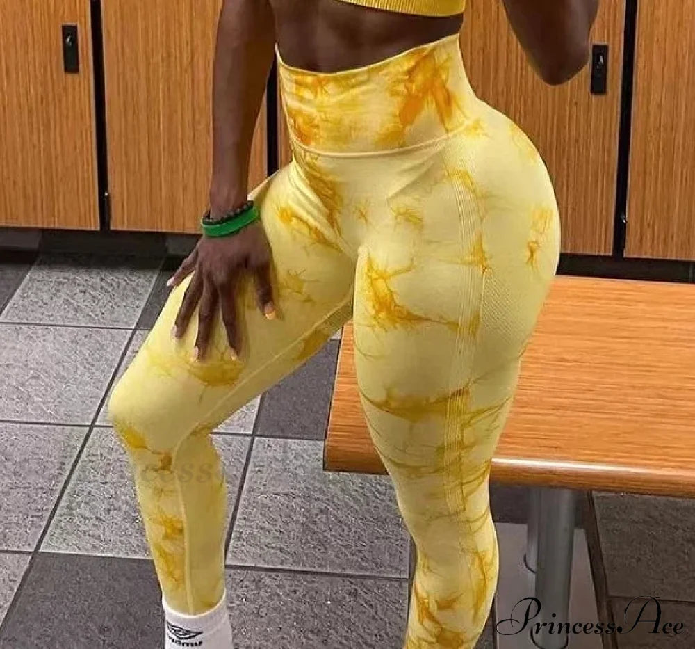 Tiedye Seamless Push Up Booty Pants Scrunch Sports Fitness High Waist Workout Yoga Leggings Yellow