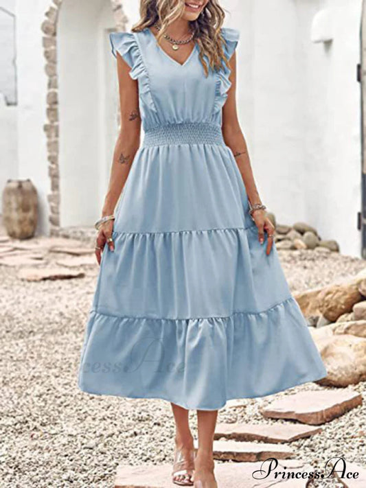 Tiered For Full-Length Flutter Color Chiffon Solid Arm Gown Women