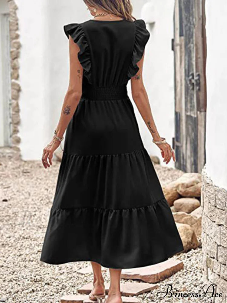 Tiered For Full-Length Flutter Color Chiffon Solid Arm Gown Women