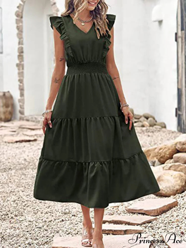 Tiered For Full-Length Flutter Color Chiffon Solid Arm Gown Women