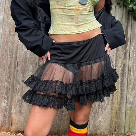 Tiered Lace Flared Vintage Skirt Black / S skirts-250223