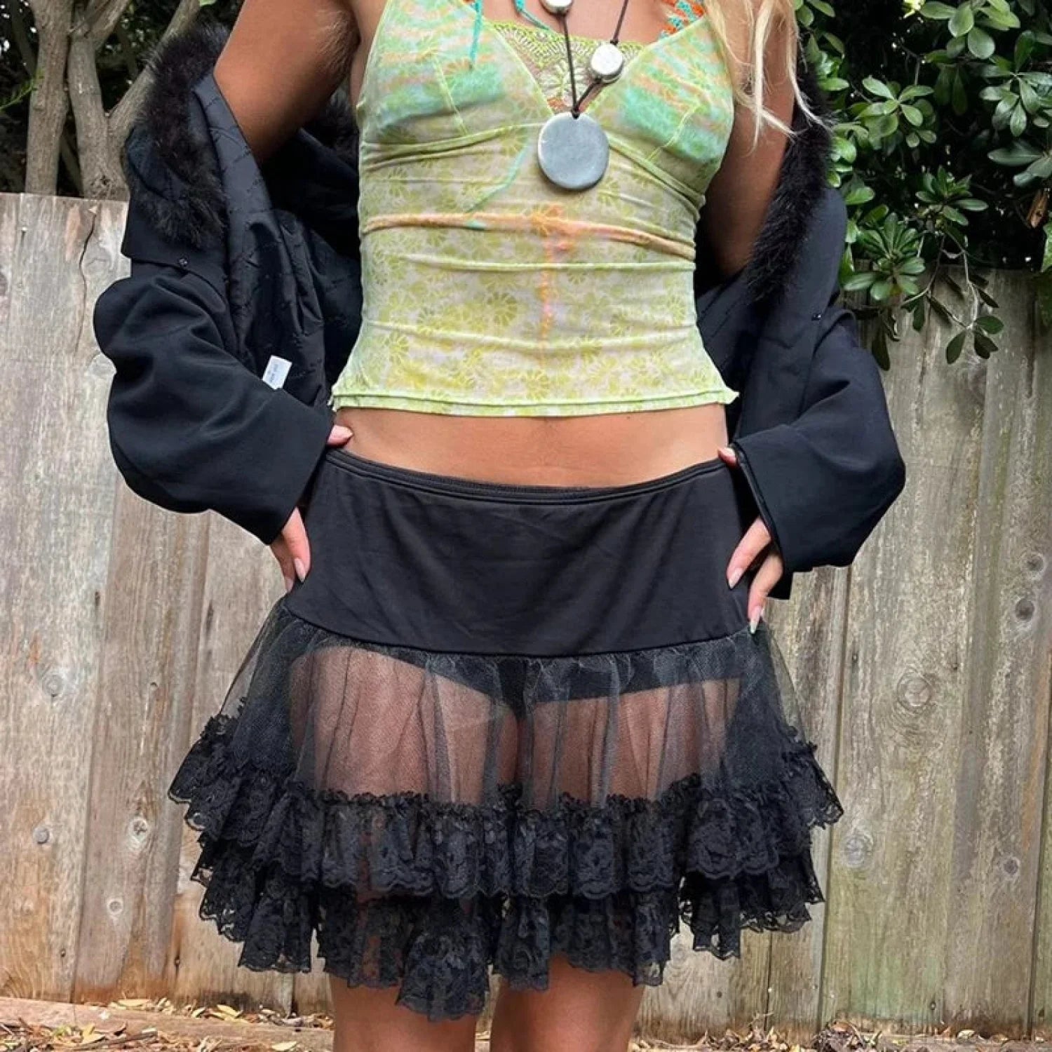 Tiered Lace Flared Vintage Skirt skirts-250223