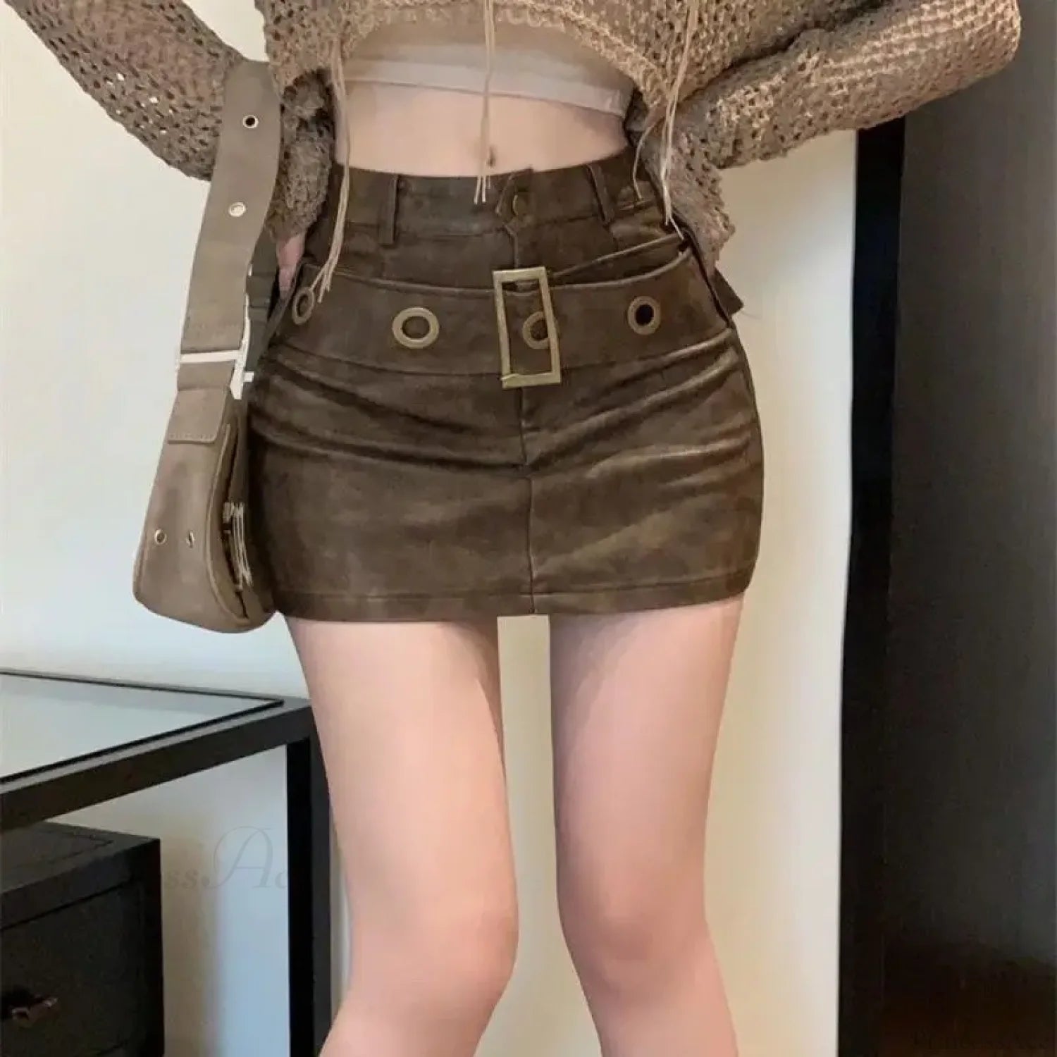 Tight Hip-Wrapped Leather Skirt Brown / S skirts-250223