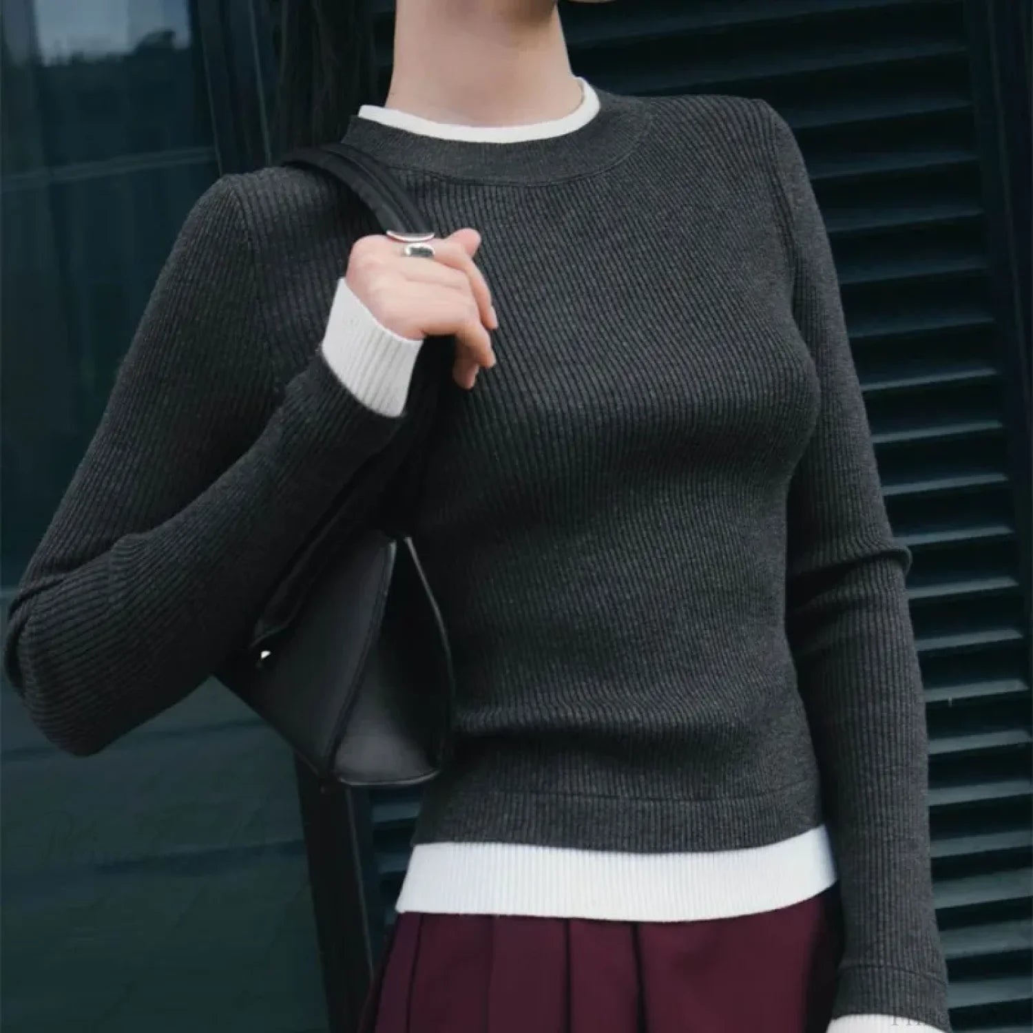 Tight Slim Long Sleeve O-neck Sweater GRAY / S