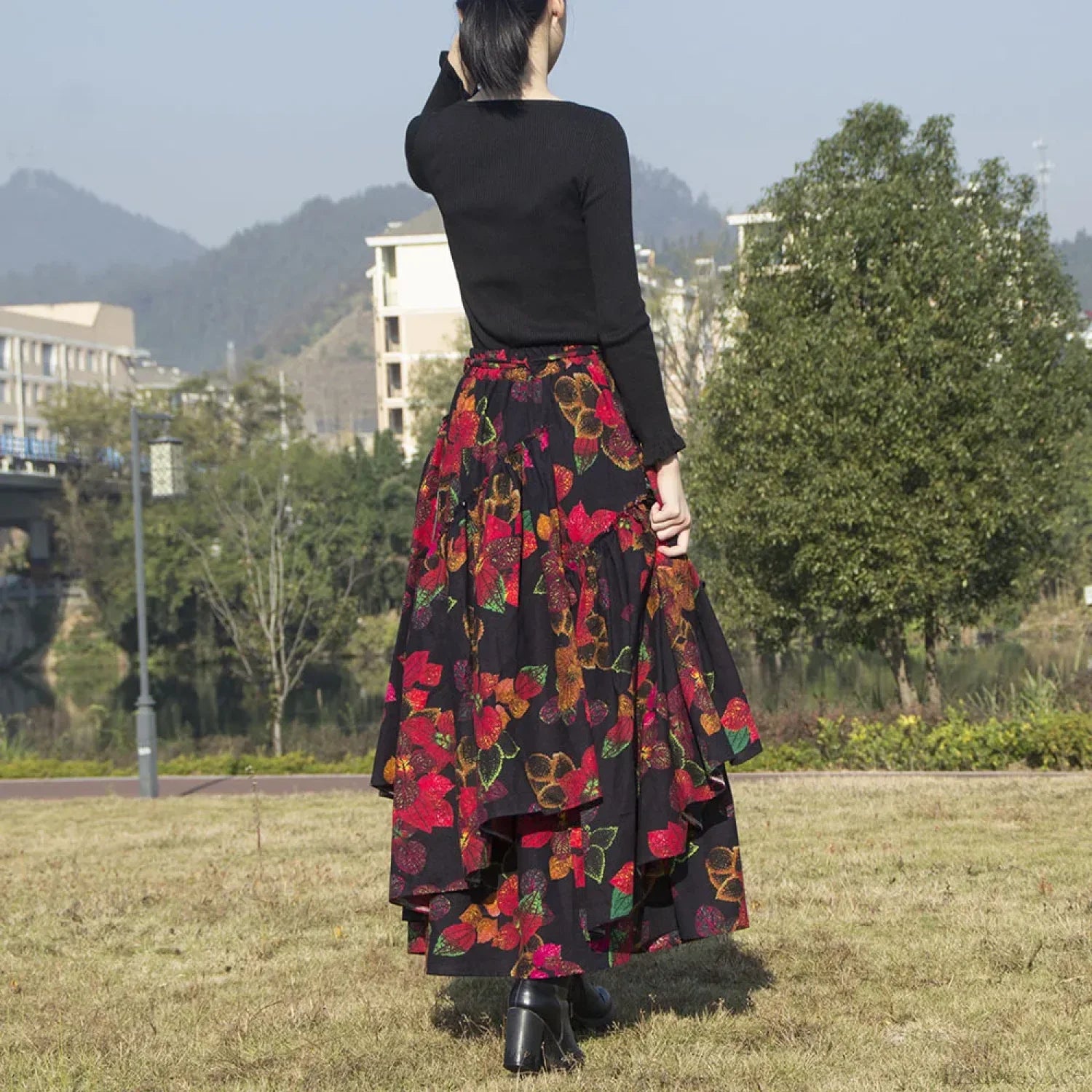 TIYIHAILEY Floral Print Maxi Skirt Elastic Waist Cotton Linen skirt-250126