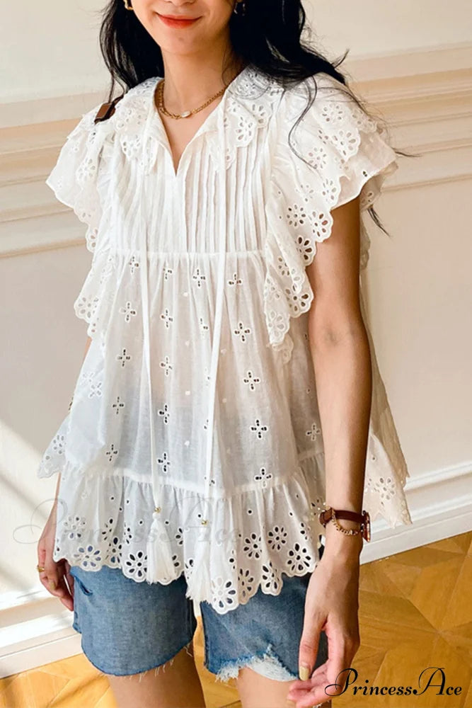 Top Arm Lace White With Ruffles Embroidery / L Blouses