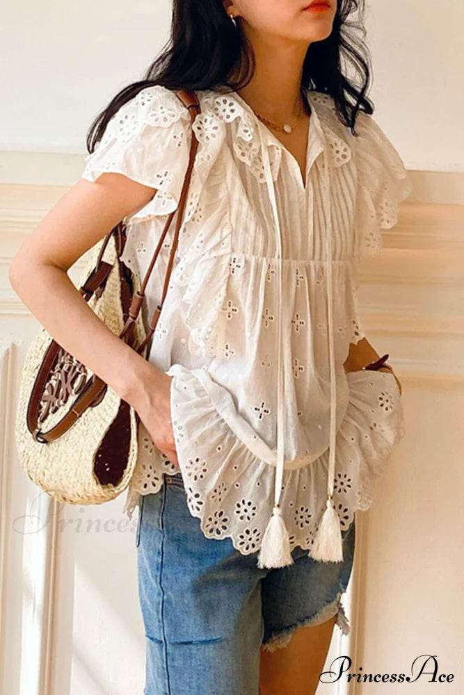 Top Arm Lace White With Ruffles Embroidery / M Blouses