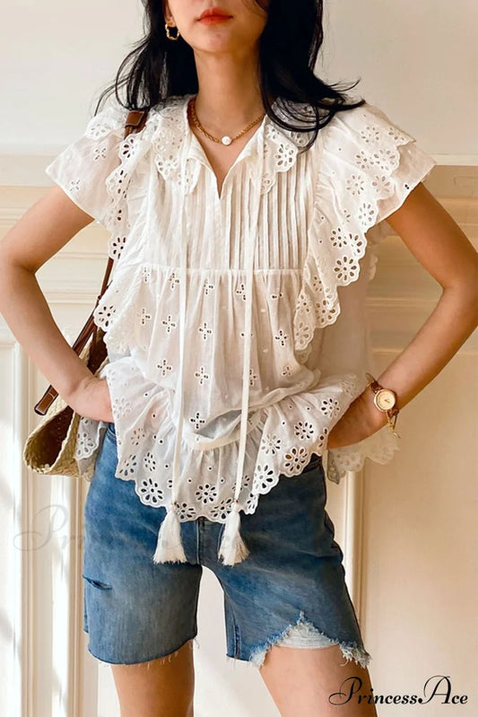 Top Arm Lace White With Ruffles Embroidery / S Blouses