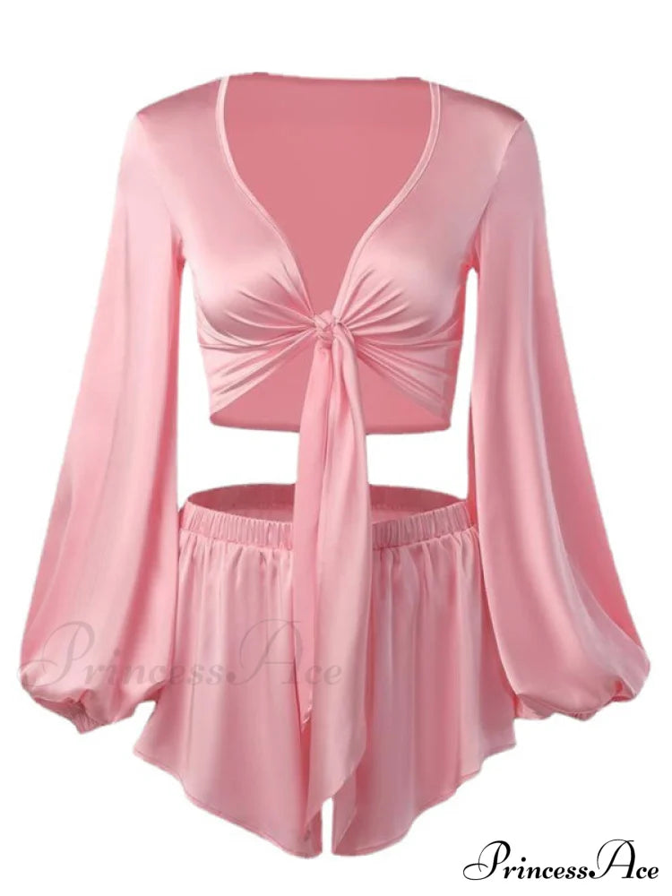 New lantern sleeve V-neck top, vacation style sexy navel-baring strappy shorts set Pink clothes crop top crop tops cropped top croptop sets