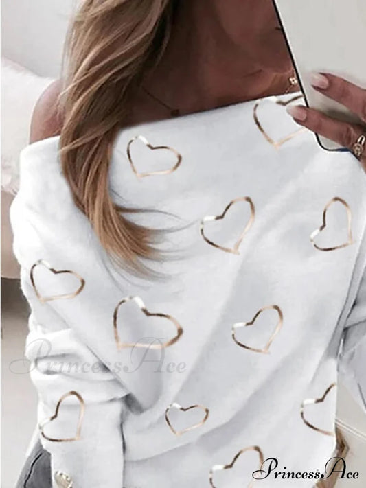 Top Beige Neck Street Pullover Spring Graphic Micro-Elastic Sweatshirt White V Long & Arm Women’s