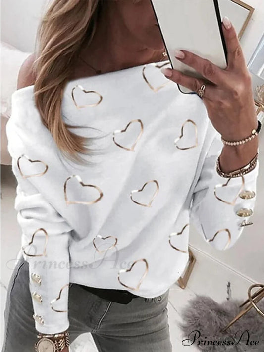 Top Beige Neck Street Pullover Spring Graphic Micro-Elastic Sweatshirt White V Long & Arm Women’s