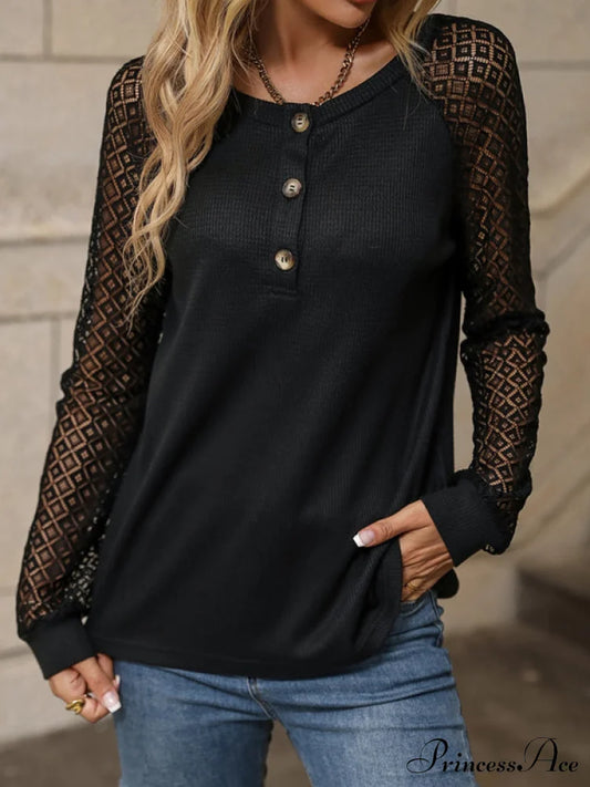 Top For Lace Patchwork V-Neck Long-Sleeved Women